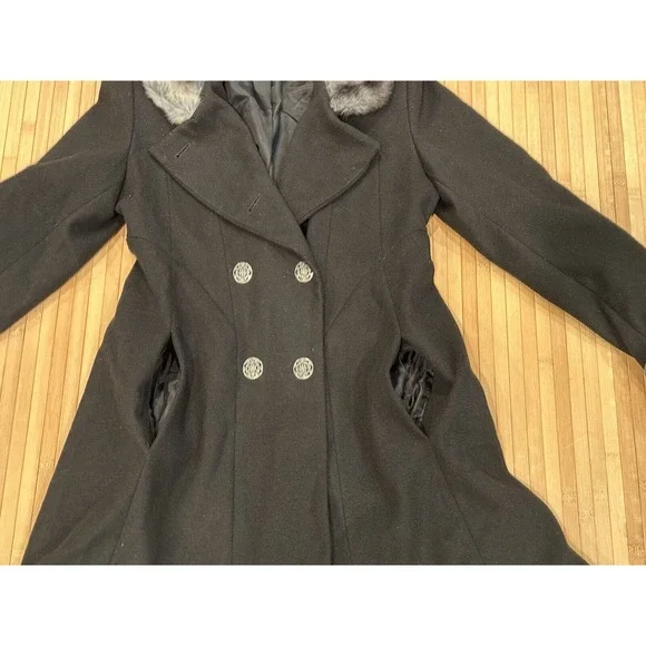 Rothschild Black Winter Dress Coat W/ Black & Gray Faux Fur Trim Sz 10 Girl